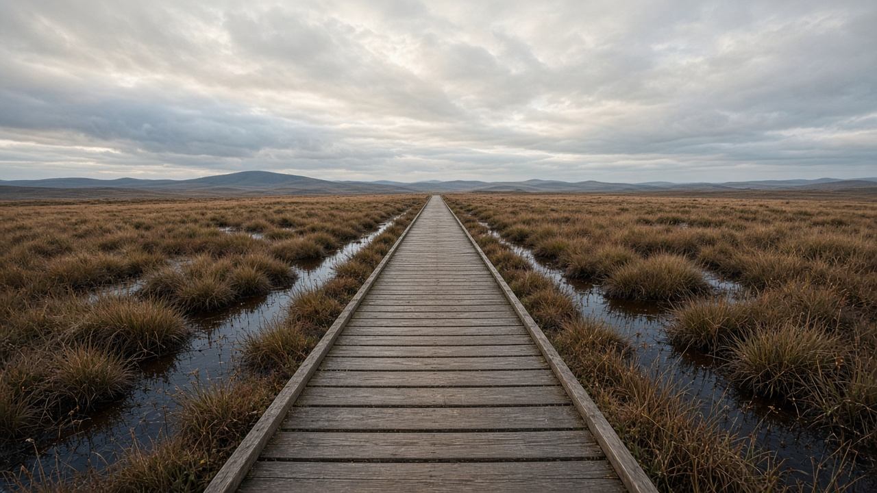 Holzbohlenweg durch Hochmoorlandschaft der Rhön unter weitem Himmel